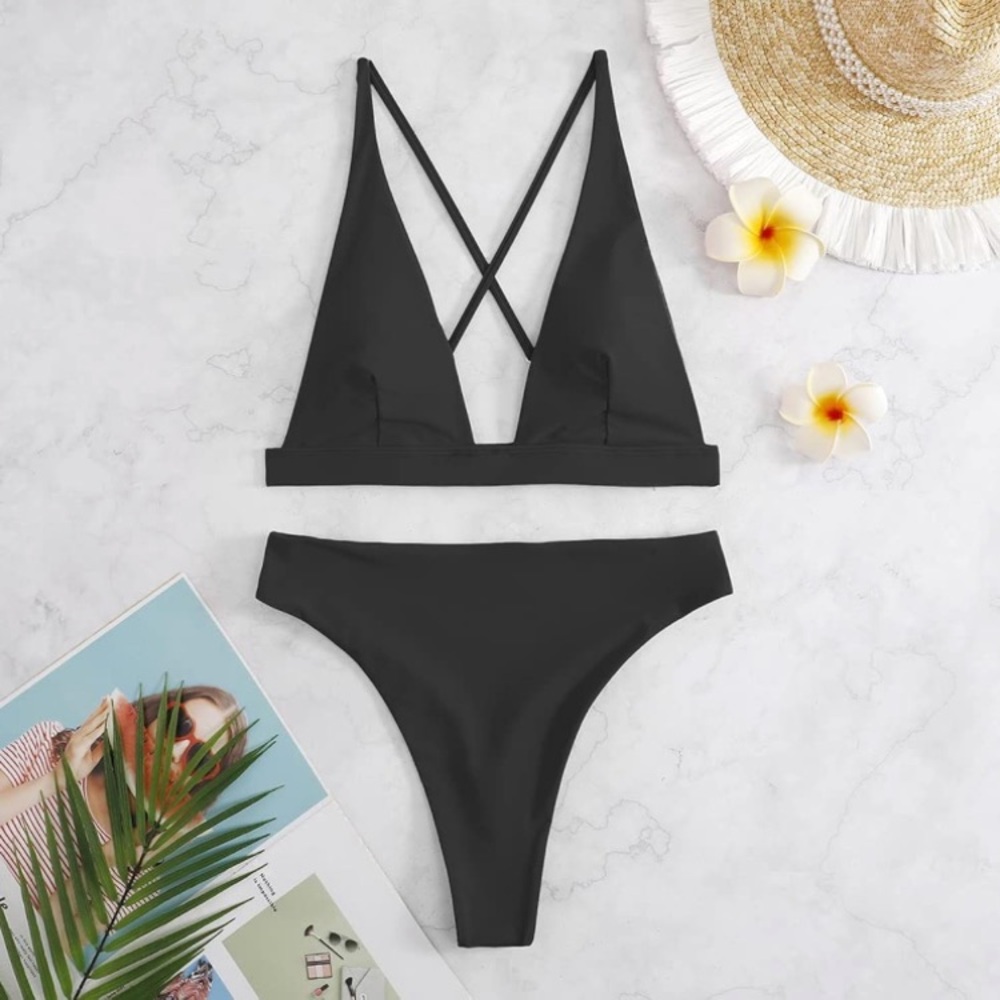~High Waisted Thong Bikini Set Triangle Top Deep V Neck Two Piece Swimsuit~